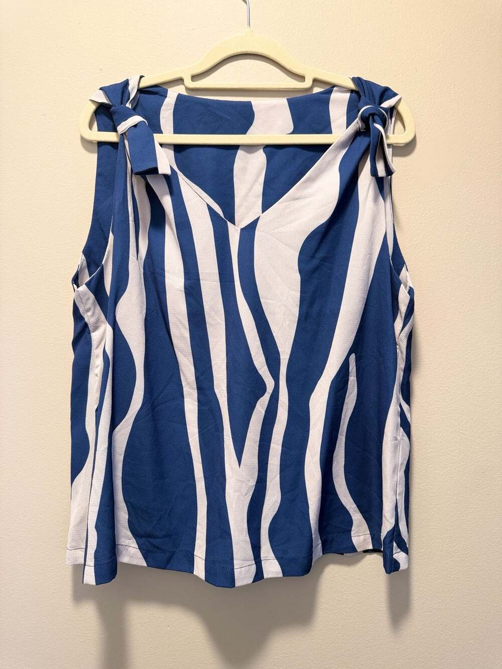 Sleeveless Blouse Blue White Zebra Print Tie Shoulder